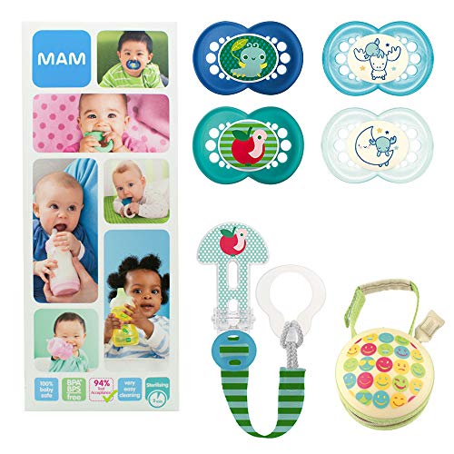 MAM Essential Soothing Set, juego de regalos para bebés de +6 meses, con 2 chupetes de silicona Original +6, 2 chupetes Night +6, chupetero y guardachupetes, NIÑO (Boy)