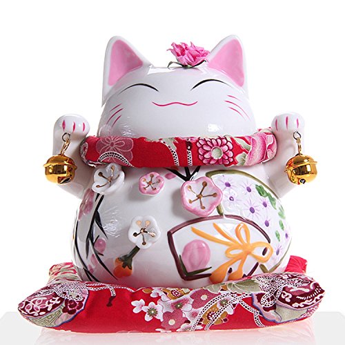 Maneki Neko - afortunado japonés del gato de porcelana con dos campanas - de alta calidad, porcelana muy ornamentado, como una alcancía y encanto afortunado (medio (15 cm))