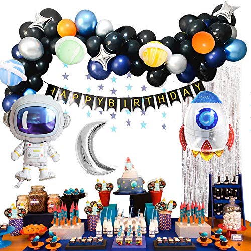 MMTX Decoracion Cumpleaños Globos de Feliz Cumpleaños Primer Cumpleaños Niño 1 año con Guirnalda Cumpleaños, Cohete Astronauta Moon Foil Globo(61pcs)