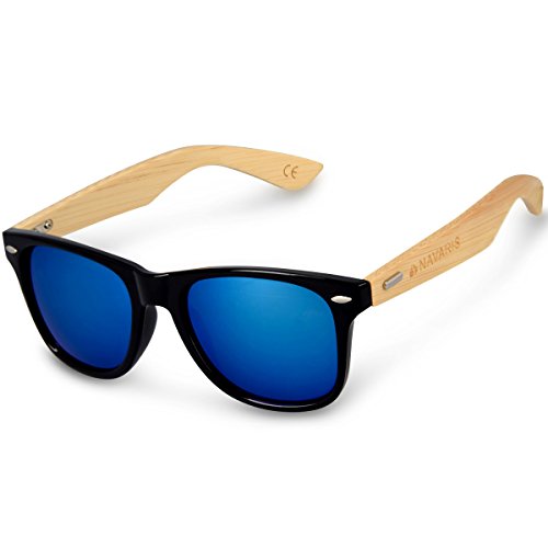 Navaris Gafas de sol UV400 - Gafas de madera para hombre y mujer - Gafas de sol con patillas de madera en diferentes colores - Negro y azul