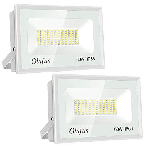 Olafus 2 Pack 60W Focos LED Exterior, IP66 Impermeable 6600LM 5000K Blanco Frío Floodlight LED, Equivalente a 350W Halógeno, Proyector Foco Led de Seguridad, Jardín, Garaje, Patio, Fábrica, Terraza