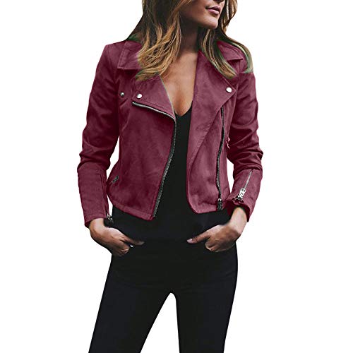 Overdose Nuevas SeñOras para Mujer Retro Rivet Fresco Zipper Up Bomber Chaqueta De Moda Casual Outwear (L, Rojo)