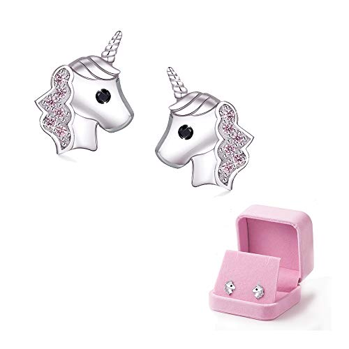 Pendientes de unicornio para niñas, Rosado Plata 925 Arete de unicornio Zirconia cúbica Joyería para Niñita Niños Cumpleaños Partido Navidad Regalos con caja de regalo de terciopelo