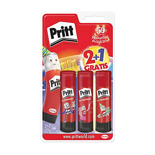 Pritt Barra Adhesiva, pegamento infantil seguro para niños para manualidades, cola universal de adhesión fuerte para estuche escolar y oficina, 2+1 x 22 g Pritt Stick