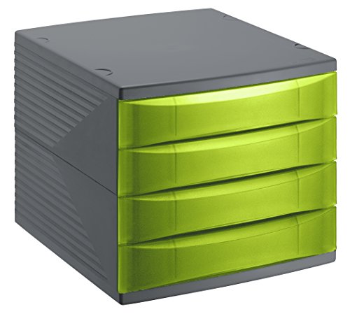 Rotho Quadra 10800MK000 Cajón archivador de Oficina, poliestireno, Formato A4, Aprox. 37 x 28 x 25 cm, plástico, Gris Antracita y Verde, 4 Schübe