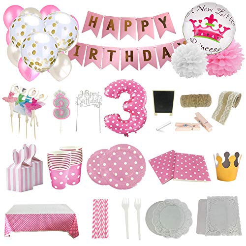 Set de Artículos Accesorios Completo para Decoración Fiestas Cumpleaños bebé Niña de 3 año Lote de 164 piezas Sirve 16 Invitados Set de Artículos Accesorios Completo para Decoración Fiestas Cumpleaños bebé Niña de 3 año Lote de 164 piezas Sirve 16 Invitados