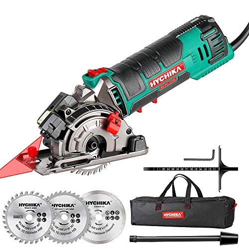 Sierra Circular, HYCHIKA Mini Sierra Circular de Mano 500W 4500RPM, 3 Hojas de Sierra de 30T + 36T+Diamente, Ideal para Cortar Azulejo, Madera, Metal Blando, Plástico