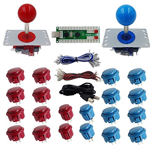 SJJX 2 Players DIY Arcade Game Button and Joysticks Controller Kits for Raspberry Pi and Windows,5 Pin Joysticks,Red and Blue Each with 10 Buttons