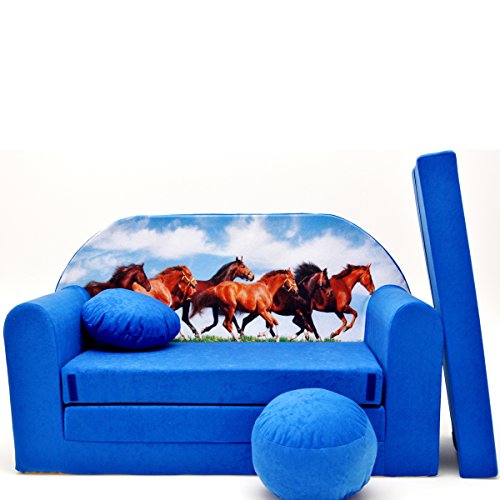 Sofá infantil, sofá infantil, sofá, sofá, cama infantil, acogedor, varios colores y diseños azul C29 blau Pferde Talla:59/98/48cm