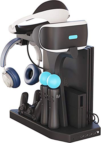 Soporte Vertical para PlayStation - Fisound PSVR Stand, Ventilador de Refrigeración, Estación de carga cargador de controlador DualShock y Move Motion, 4x USB Hub, Mando Charger para PS4, Slim y Pro