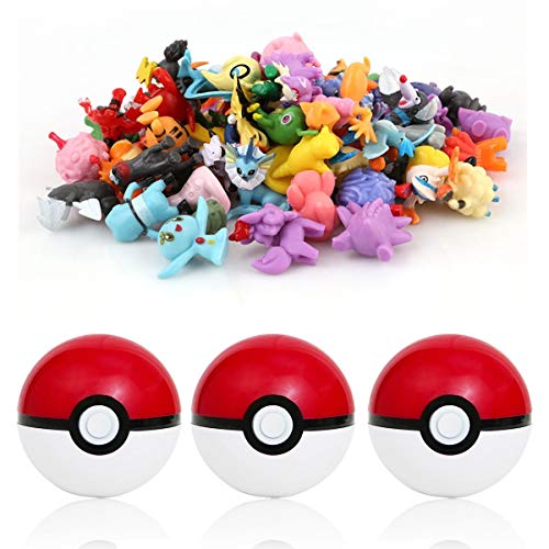 sqzkzc-48 Pokémon Figuras de colección aleatorias + 3 Poké Bolas Pokéball, Color Rojo y Blanco
