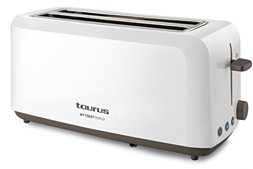 Taurus Mytoast Duplo-Tostadora (1450 W, Tres Funciones, Iluminación LED) 0 Decibeles, 2 Ranuras Extra Largas, Plástico, Color Blanco