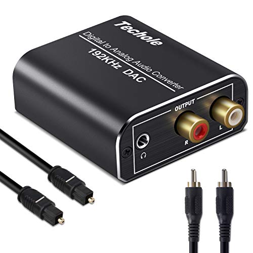 Techole Óptico a RCA, 192KHz Convertidor Digital a Analógico, Óptico Coaxial (RCA) Toslink SPDIF a Audio Estéreo RCA L/R y Jack 3.5mm con Cable Óptico y Cable USB DC/5V paraPS3, PS4, Xbox, HDTV, DVD