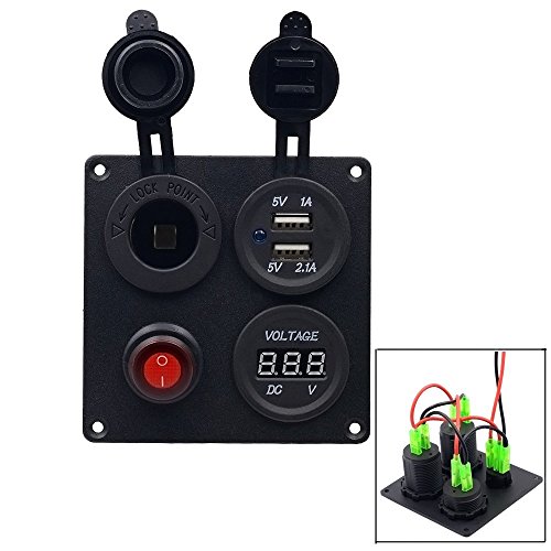 TurnRaise Impermeable USB Cargador + Voltímetro Digital LED + Interruptor + Encendedor de Cigarrillos para Coche Barco