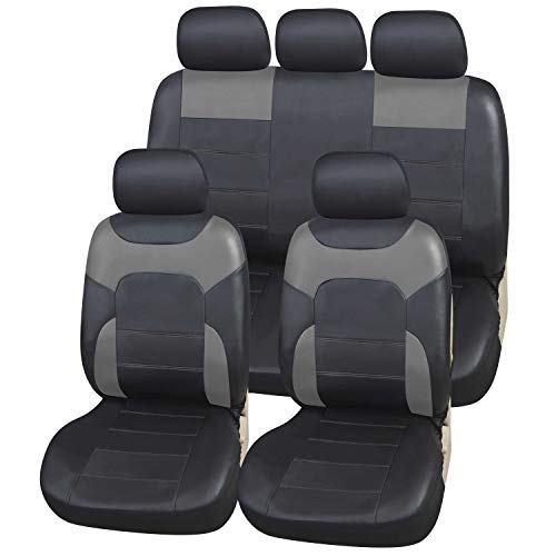 Upgrade4cars Fundas Asiento Poli-Piel Coche Gris Negro | Funda Asientos para Delanteros & Traseros | Accesorios Coches Interior Decoracion