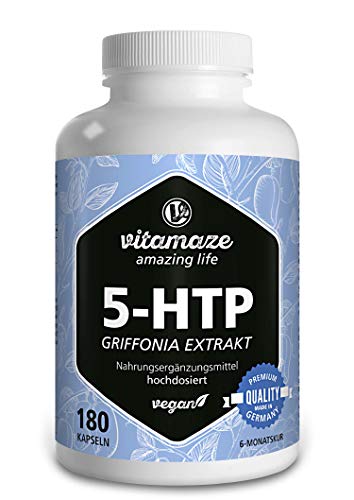 Vitamaze® 5-HTP 200mg Cápsulas de extracto de semillas de Griffonia, 180 cápsulas veganas por 6 meses, ingrediente activo puro de semillas de frijol negro, sin estearato de magnesio