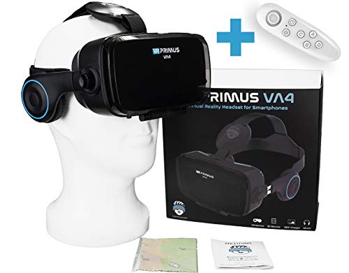 VR Primus® VA4, Gafas VR movil con Auriculares y Google Cardboard Apps. Compatible con iPhone X XS y Smartphones Android p.ej. Samsung, Huawei, LG, Sony,Xiaomi,HTC |+ Mando para Smartphones Android