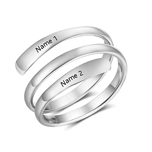 XiXi Personalizado Anillos Plata Mujer Ajustables 2 Nombre Grabado BFF Anillos para Madre Pareja Regalo en Aniversario Día de San Valentín (Plata)