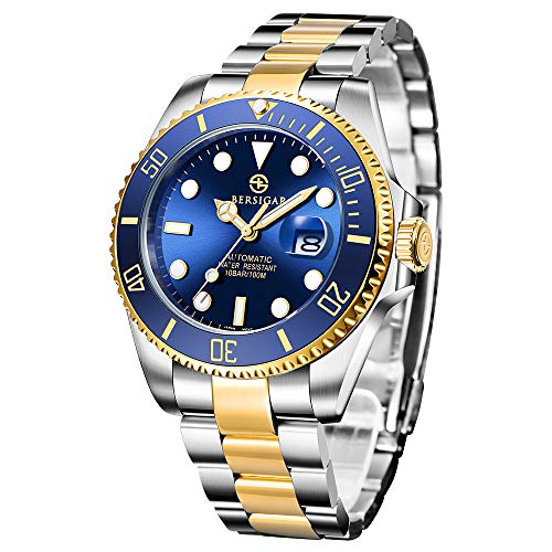 BERSIGAR 100 medidor de Resistencia al Agua Reloj analógico automático para Hombres con Correa de Acero Inoxidable (Dorado-Azul) BERSIGAR 100 medidor de Resistencia al Agua Reloj analógico automático para Hombres con Correa de Acero Inoxidable (Dorado-Azul)