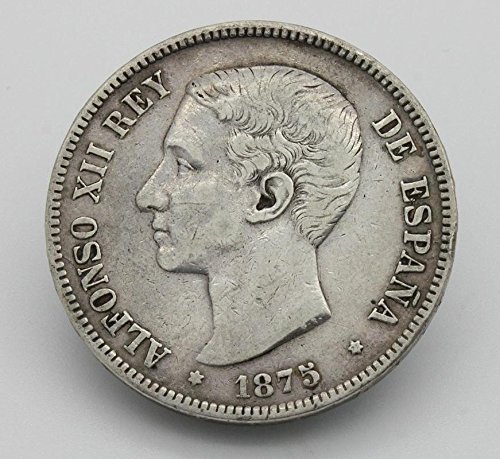 Desconocido Moneda de 5 Pesetas de Plata del Año 1875 Durante La Epoca del Rey Alfonso XII. Moneda Coleccionable. Moneda Antigua.