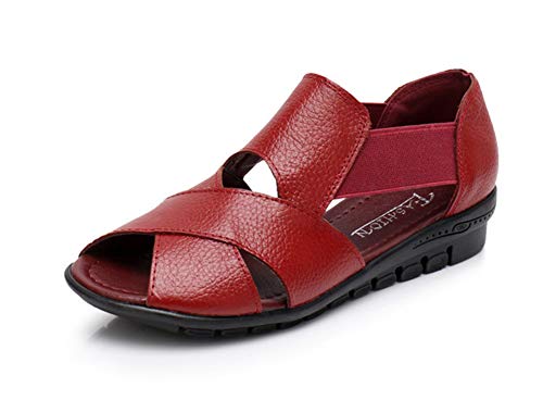 DQYFZQ Verano Casual Sandalias Zapatos de Mujer Piel Genuina Tacón de Cuña Sandalias de Confort,Red,39