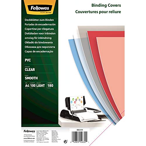 Fellowes Portadas para encuadernar de PVC transparente, formato A4, 180 micras, pack de 100 Fellowes Portadas para encuadernar de PVC transparente, formato A4, 180 micras, pack de 100