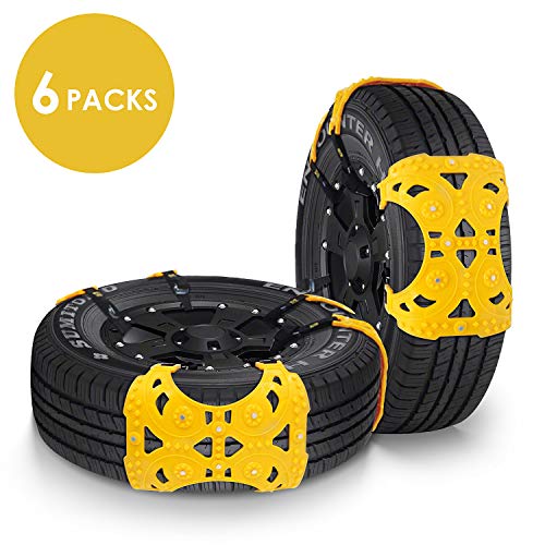 Fixkit Cadena de Nieve, 6pcs Universales Cadenas Antideslizantes para neumáticos Llantas de 165 mm-275 mm, con Guantes y Herramientas （Amarillo）