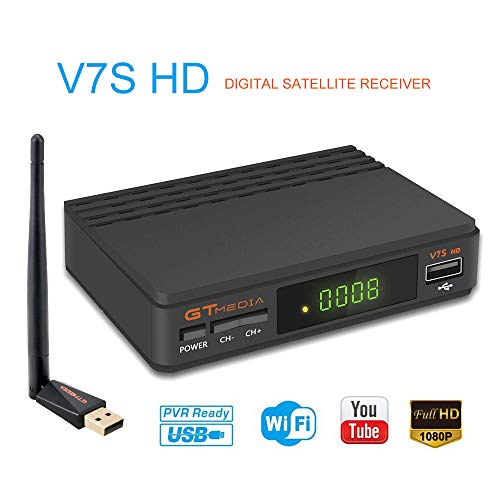 GT Media V7s HD DVB-S2 Decodificador de Receptor Satelital Freesat V7 HD Actualización con Antena USB WiFi FTA 1080P Full HD Compatible con Ccam, Newcam, PVR, Youtube, PowerVu, Dre y Biss Clave