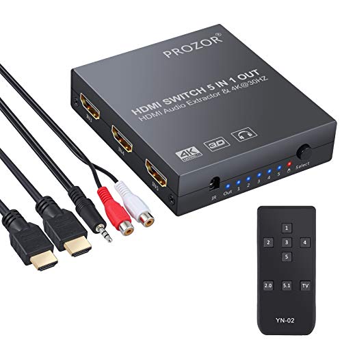 HDMI Convertidor 5x1 Conversor HDMI Switch Extractor de Audio Salida Analogica Optica Toslink SPDIF Jack 3.5mm Soporta 4K 3D con Mando Cable HDMI Cable 3.5mm a RCA