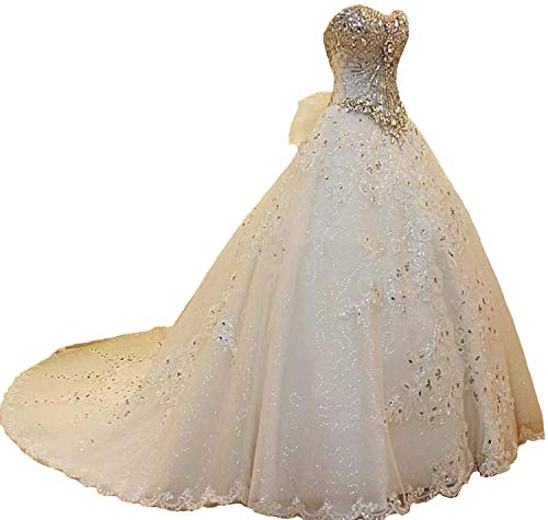 iluckin Vestido de novia para mujer, princesa, con diamantes de imitación, con tren, largo bordado, vestido de novia -  Blanco -  Cargo por encargo