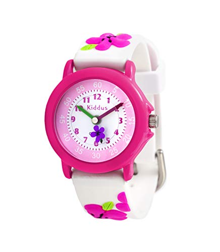 KIDDUS Reloj Educativo de Calidad para niña y niño. Analógico de Pulsera, con Ejercicios Time Teacher para Aprender a Leer y Decir la Hora. Mecanismo de Cuarzo japonés. RE0271 Flores en Relieve