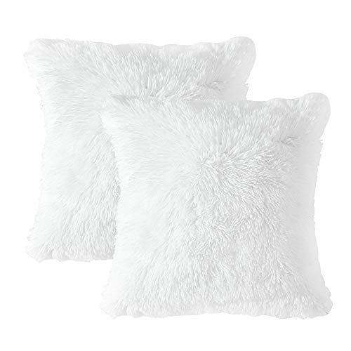 MIULEE Juego de 2 Cojines Protectores Faux Fur Throw Funda de cojín Deluxe Home Decorativo Cuadrados y Suaves Cojines PeloPara la Hogar Sofá Cama del Coche 18"x18"Inch 45x45cm Blanco