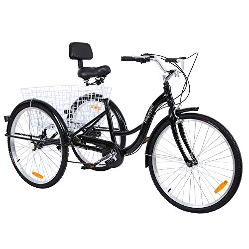 MuGuang Triciclo Adulto 26" 7 velocidades Bicicleta 3 Ruedas Adulto con Cesta de la Compra(Negro)