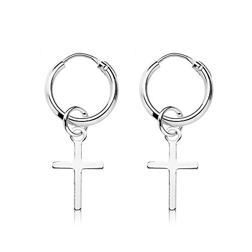 Pendientes Cruz Plata, Pendientes Aro con Cruz para Hombre y Mujer, Pendientes de Aro de Plata, Pendientes Cruz 12 mm, Pendientes con Pluma, Rayo, estrella perfectos para tu estilo de vida.