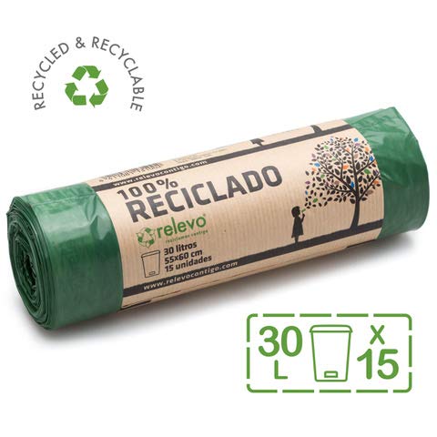 Relevo 100% Reciclado Bolsas de Basura, extra resistentes 30 L, 15 bolsas Relevo 100% Reciclado Bolsas de Basura, extra resistentes 30 L, 15 bolsas