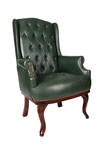Silla de cuero negro con brazos y respaldo alto Reina Ana para sentarse junto a la chimenea, sillón Chesterfield verde de estilo antiguo Silla de cuero negro con brazos y respaldo alto Reina Ana para sentarse junto a la chimenea, sillón Chesterfield verde de estilo antiguo