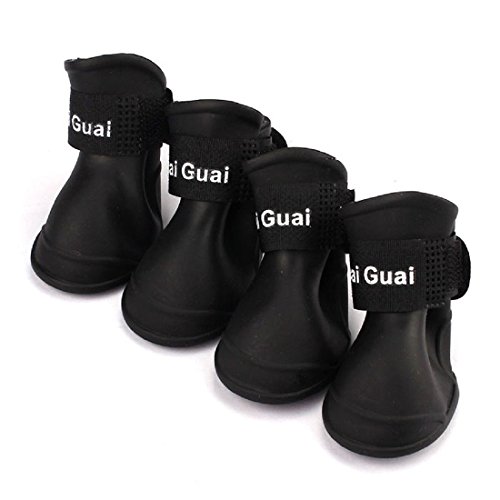 SODIAL 4pzs Zapatos botas impermeables de lluvia de perro Accesorios para perro de mascota Tamano medio (Negro, M)