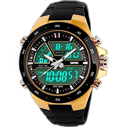 SunJas Reloj Deportivo para Hombres Resistente contra Agua de 50m Pulsera Digital con Luces Banda Desmontable de Multifunciones para Deportes Exteriores (Oro)