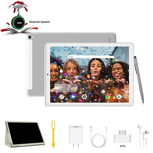 Tablet 10 Pulgadas 4G Full HD 4GB de RAM 64GB de ROM Android 9.0 Quad Core Tablet PC Batería de 8500mAh Dual SIM y TF 8MP Cámara Google Netflix WiFi Bluetooth GPS OTG(Plata)