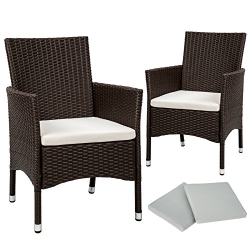 TecTake 2 x Ratán sintético silla de jardín set con cojines + 2 Set de fundas intercambiables + tornillos de acero inoxidable - disponible en diferentes colores - (Marrón antigüedad | No. 402124)
