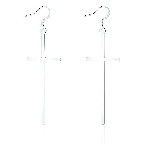 VU100 Pendientes largos de acero inoxidable, Pendientes Mujer con colgante en forma de cruz (3in*0.9in), Plata VU100 Pendientes largos de acero inoxidable, Pendientes Mujer con colgante en forma de cruz (3in*0.9in), Plata