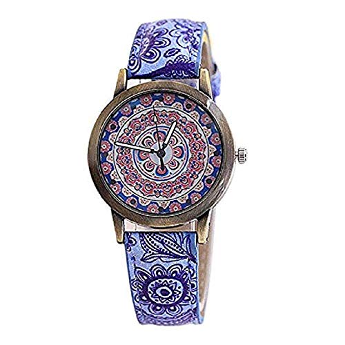 WSSVAN Retro impresión Azul y Blanco de Porcelana de Bronce Reloj de Las señoras de Moda de impresión Creativa Correa de aleación de Reloj de Cuarzo Bohemio Reloj Femenino (Púrpura)
