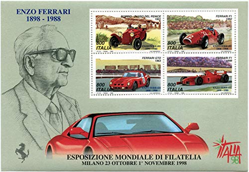 1998 Enzo Ferrari (1898 1988) – Exposición mundial de Filatelia – Hoja original de época de Poste Italiano Milano Auto F1 Formula 1 GTO Bobbio Paso Penice Italia Filatelia sellos