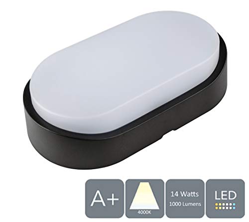 AUROLITE 14W lámpara LED de mamparo, 4000K, 1000 lúmenes, IP54 nominal, ideal para porche al aire libre, jardín, camino, cobertizo, taller, patio y garaje (Oval)