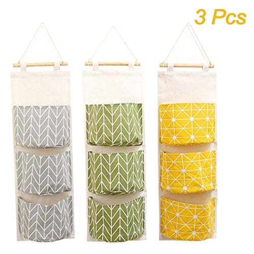 Bolsas de Almacenamiento para Colgar en la Pared  3 Piezas de Tela de Lino Colgando Organizador de Bolsillo con 3 Bolsillos para Cocina Dormitorio Baño Oficina