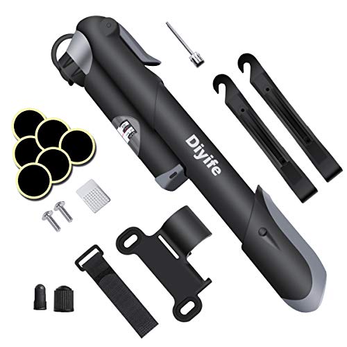 Bomba Para Bicicleta Con Manómetro, [120 PSI] Diyife Mini Bomba De Bicicleta [Set Completo Perfecto], Con Aguja, Kit De Parche, Tapas De VáLvulas Y Montura De Marco Para Presta Y Schrader