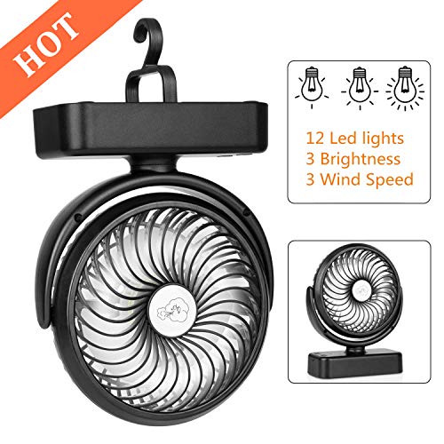 COMLIFE Ventilador de Escritorio Portátil con Luces LED para Camping con Batería Recargable 4400mAh 3 Velocidades Rotación de 360 ° Mini Fan Personal para el Hogar, Exterior, Oficina, Camping