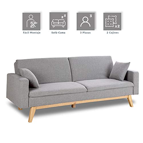 Don Descanso, Sofá Cama 3 plazas Reine, Tapizado en Tela, Color Gris Claro, Sistema Apertura de Libro o Clic-clac, Medida sofá: 206x74x83 cm, Medida Cama: 206x99x83 cm, Incluye 2 Cojines Don Descanso, Sofá Cama 3 plazas Reine, Tapizado en Tela, Color Gris Claro, Sistema Apertura de Libro o Clic-clac, Medida sofá: 206x74x83 cm, Medida Cama: 206x99x83 cm, Incluye 2 Cojines