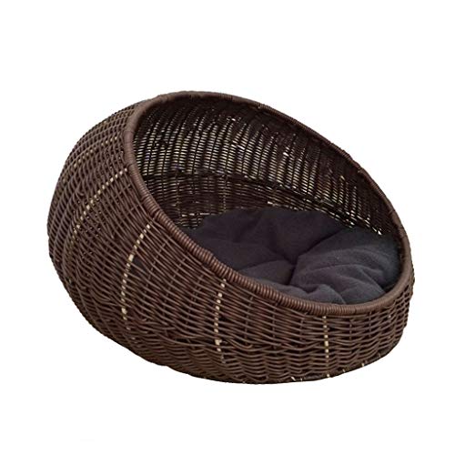 Dslxa Cama de Mimbre para Gatos, Cueva de Gatos, Perros de Las cavernas, Cesta para Gatos, Cesta para Perros, Cama para Mascotas de Mimbre al Aire Libre con cojín, Lavable,Marrón