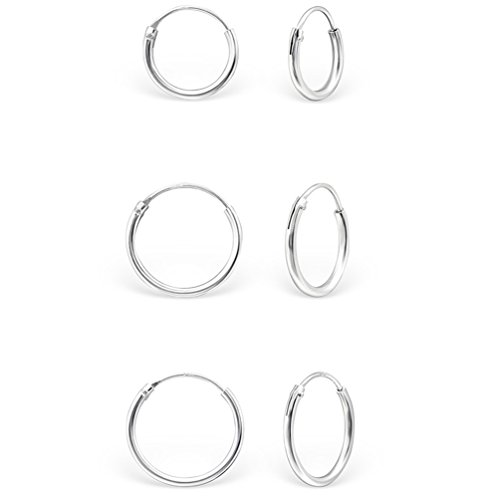 DTP Silver - Conjunto de 3 pares de Pendientes de Aro - Plata 925 - Espesor 1.2 mm, Diámetro 12, 14, 16 mm